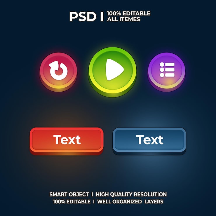 PSD game ui button game ui game elementer game button afrundet game button sæt spil interface 2d