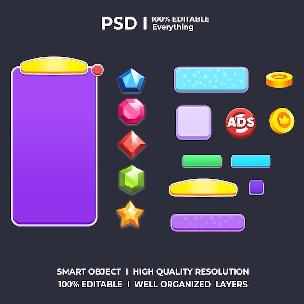 Game UI elementen PSD Kit Game art game ui set Casual game ui Game UI Set game-assets Game ui