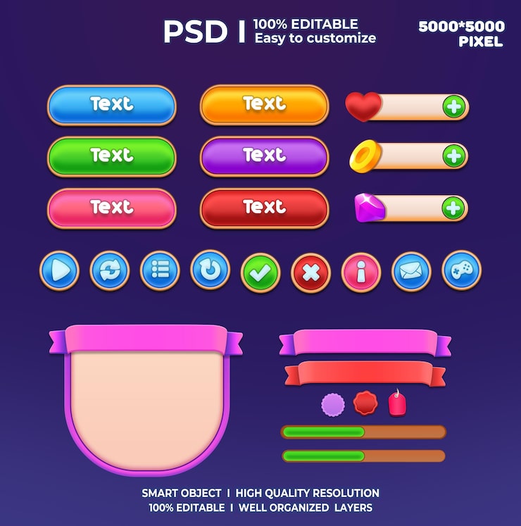 PSD game ui kit game elements game ui button casual game ui kit game graphics interface user 2d