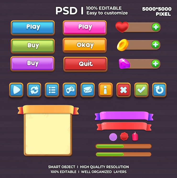 PSD game ui kit game elements game ui button casual game ui kit game graphics interface user 2d