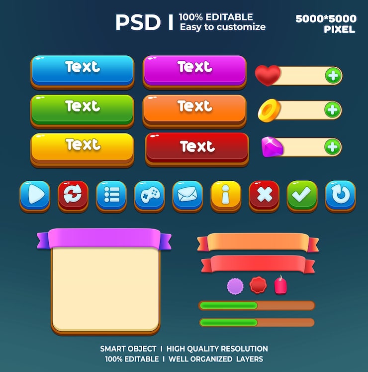 PSD game ui kit game elements game ui button casual game ui kit game graphics interface user 2d