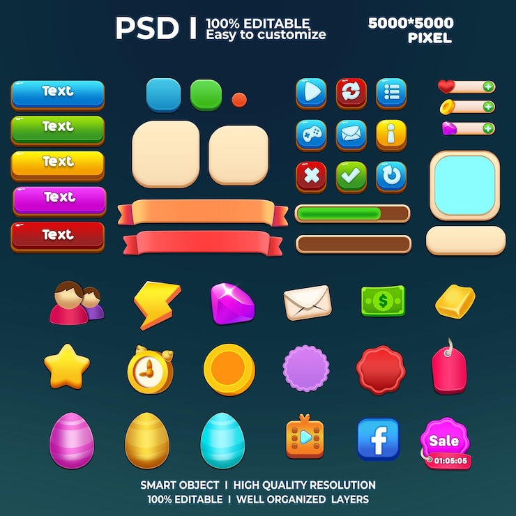PSD ชุด ui เกม องค์ประกอบเกม ปุ่ม ui เกม ชุด ui เกมลำลอง กราฟิกเกม ส่วนติดต่อผู้ใช้ 2 มิติ