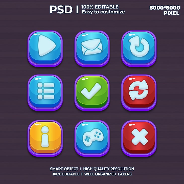 PSD game ui kit, game ui-elementer, game ui-knapper, game interface, game-ikon, game ui-knapper, 2d-art
