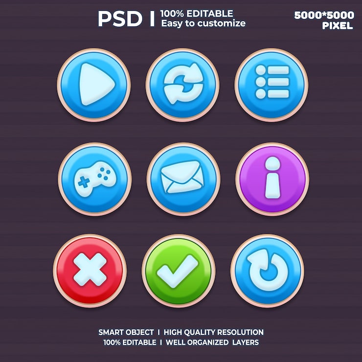 PSD 游戏 ui 组件游戏 ui 元素游戏 ui 按钮游戏界面游戏图标游戏 ui 按钮 2d 艺术