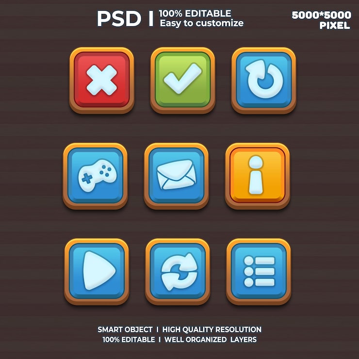 PSD 游戏 ui 组件游戏 ui 元素游戏 ui 按钮游戏界面游戏图标游戏 ui 按钮 2d 艺术