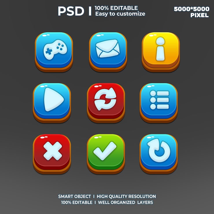 PSD 游戏 ui 组件游戏 ui 元素游戏 ui 按钮游戏界面游戏图标游戏 ui 按钮 2d 艺术