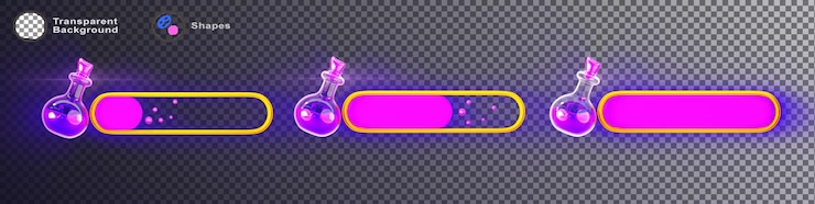 PSD game ui loading progress bars 3d render set magic cartoon interface design elements status of love power energy and resource potion bottles and pink liquid in gold metal frames