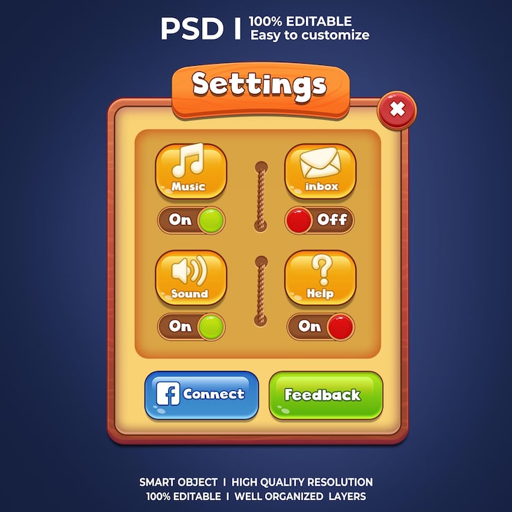 PSD game ui setting screens setting ui 2d ui 2d interface game ui elements game elements button