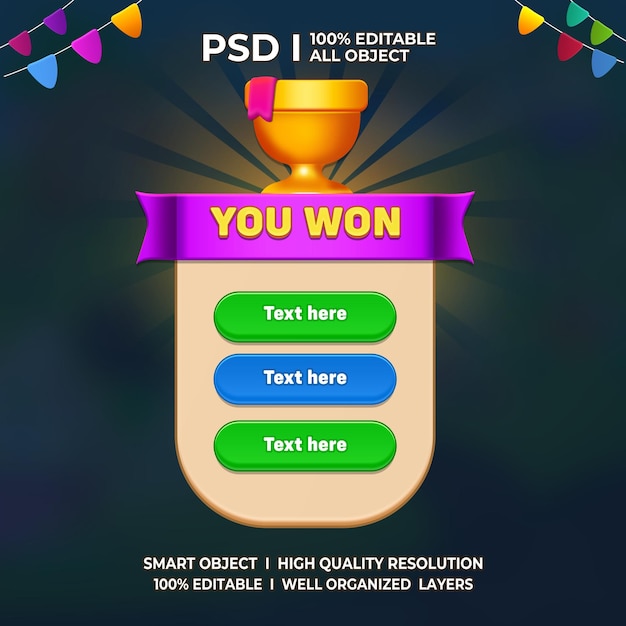 Game Won Screen UIJe hebt gewonnen Game badge winning screen game ui template game ui set victory screen