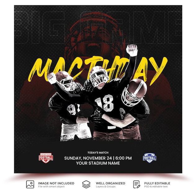 Gameday american football schema club vierkante sociale media sjabloon