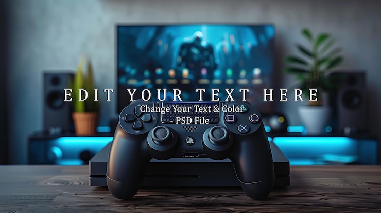 PSD gamepad and headphones on a blue background