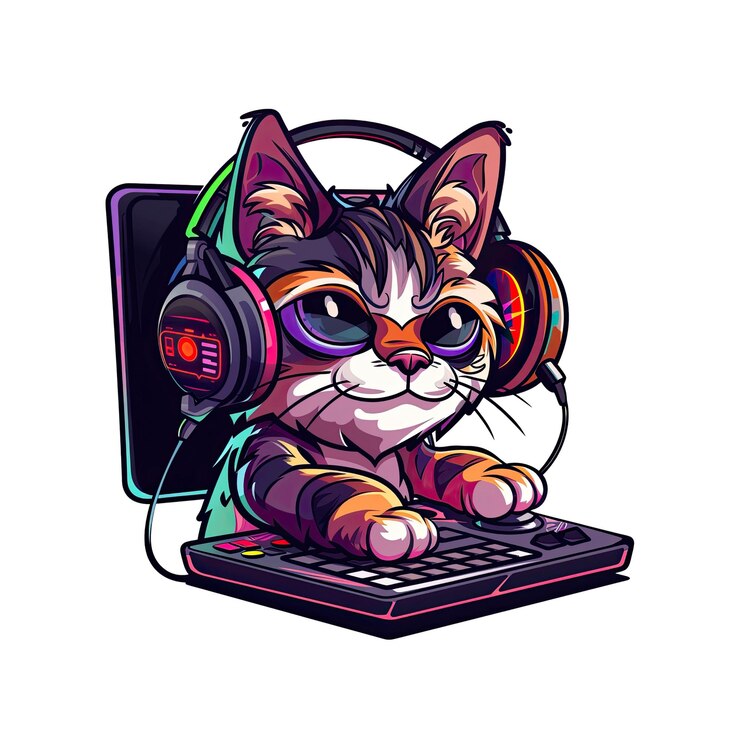 PSD gamer cat with headphones and keyboard