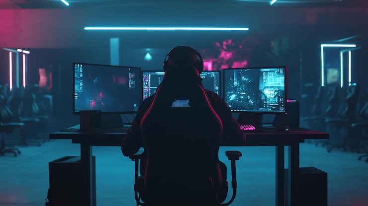 PSD gamer in esports arena neon lights multiple monitors intense competition