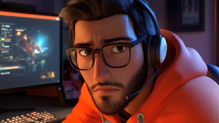 PSD gamer focused on screen with headset in dim room
