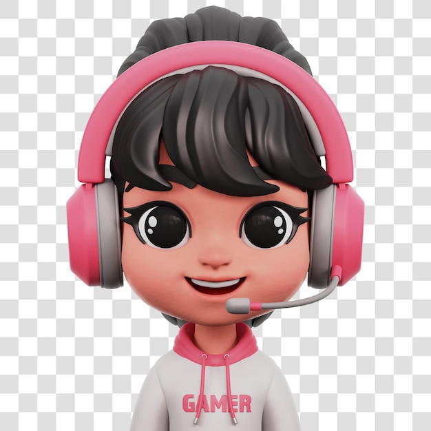 Gamer girl 3d avatar isolated transparent background 3d rendering illustration