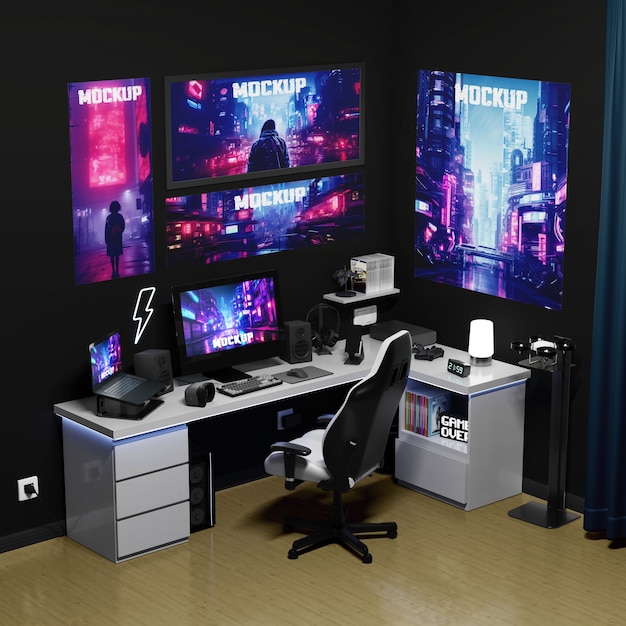 PSD gamer room mockup design