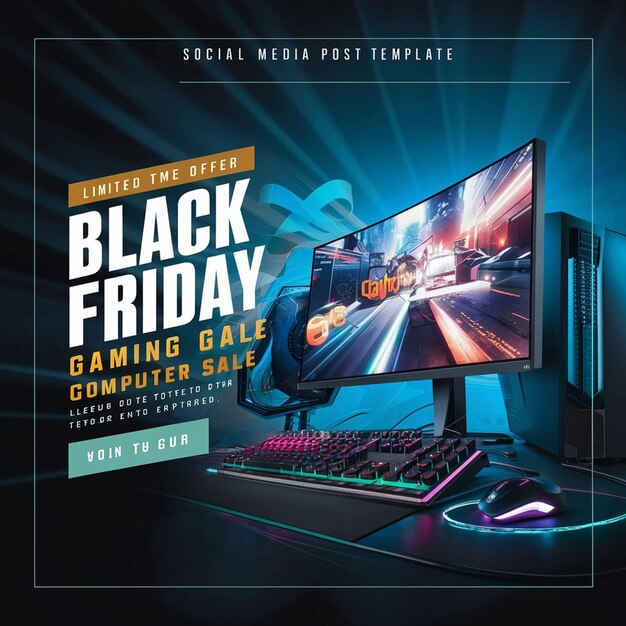 PSD gaming computer black friday super sale social media post design template