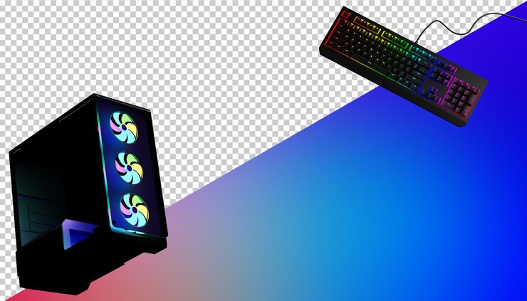 PSD gaming keyboard with rgb light and pc case copy space game accessories 3d render