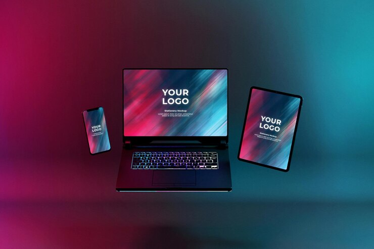 PSD gaming laptop mockup with rgb led keyboard