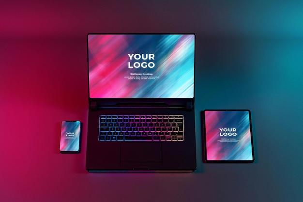 Gaming Laptop Telefon I Tablet Mockup Rgb Klawiatura Led