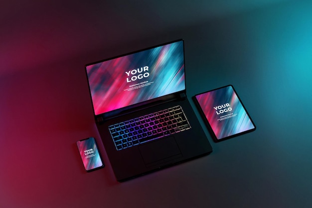 Gaming laptop telefoon en tablet mockup