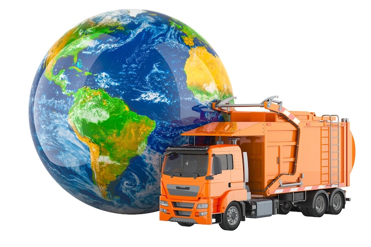 PSD garbage truck with earth globe 3d rendering isolated on transparent background
