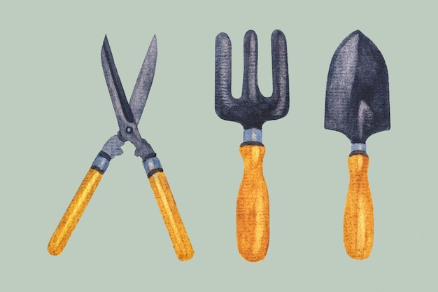 PSD garden tools painted in watercolor