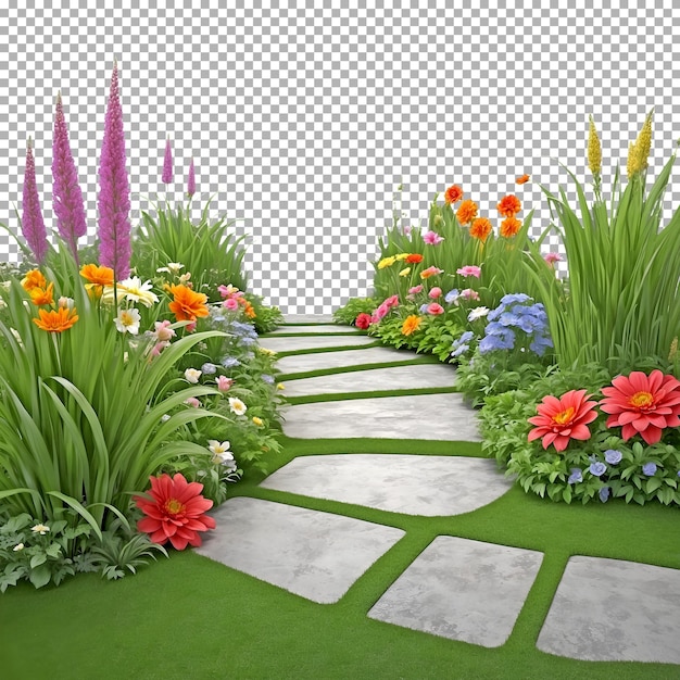 PSD a garden with flowers and a path with a picture of a garden