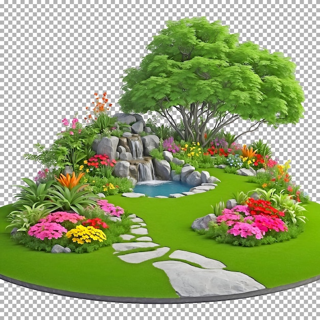 PSD a garden with a pond and a tree with a pond in the middle