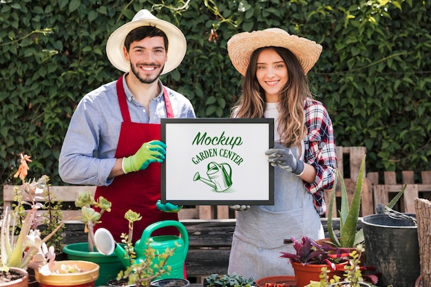 Gardeners holding mock-up sign