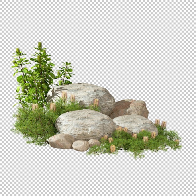 Gardening design rock and tropics plants cutout backgrounds 3d render