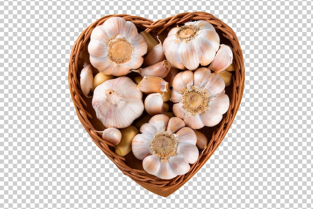 Garlic cloves and bulb in heart basket png transparent background