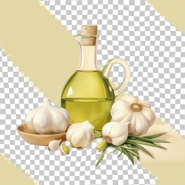 PSD garlic oil bottle displayed on transparent background as a tableware ingredient