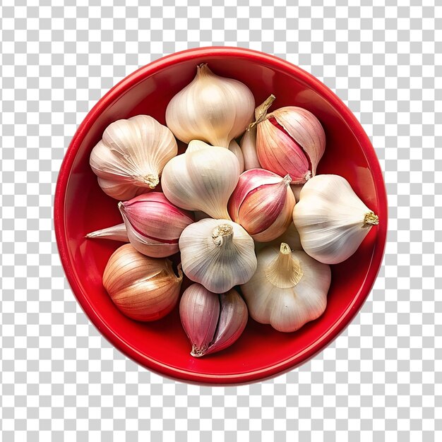 PSD garlic in red bowl isolated on transparent background top view