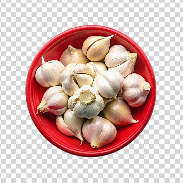 PSD garlic in red bowl isolated on transparent background top view