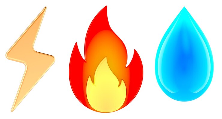 PSD gas elektryczność i woda ikony zestaw grzmot lub piorun kropla wody i ognia symbol 3d rendering izolowany na przezroczystym tle