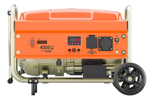 PSD gasoline generator with frame and wheels side view 3d rendering isolated on transparent background