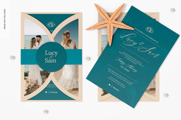 PSD mockup del set di biglietti d'invito per matrimoni gatefold