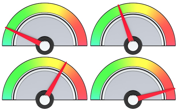 gauge meters with colored scale and red needle pointing at different levels measurement rating score