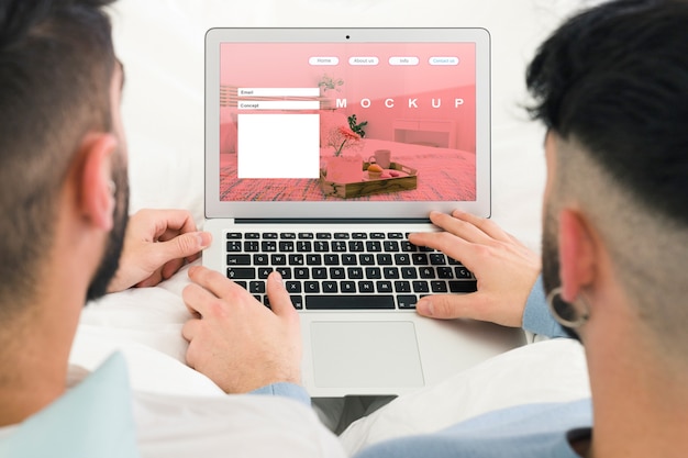 PSD gay couple and laptop mockup