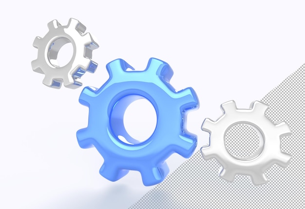 PSD gear icons on white background 3d render metal and blue engine cogs setting symbol cogwheels mechanism working process teamwork cooperation software development concept