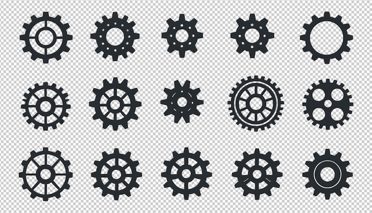 PSD ゲアセット ベクトル アイコンセット 孤立した黒いゲアメカニズムとコグホイール png