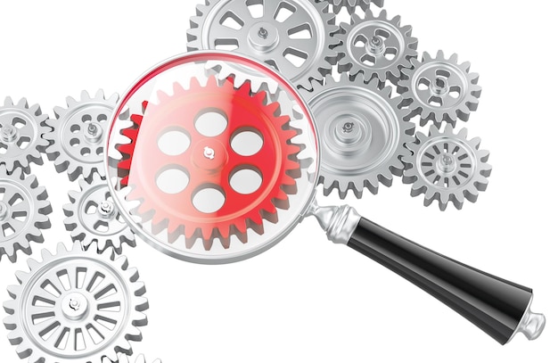 Gears with magnifying glass 3D rendering isolated on transparent background