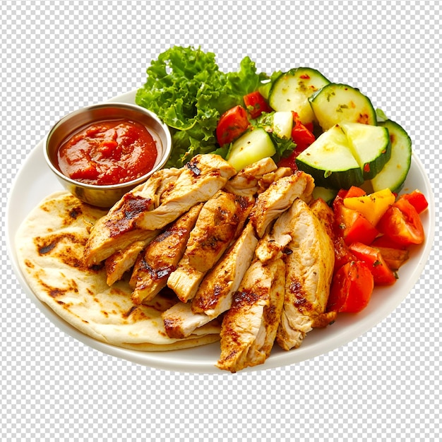 Gebakken kippenplaat met salade en pita brood