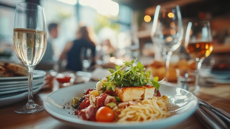 PSD gebakken vis met pasta en groenten op een restauranttafel