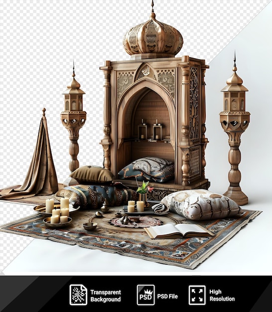 PSD gebedsschema voor ramadan weergegeven op een oosters tapijt vergezeld van een witte kaars en een open boek tegen een witte muur