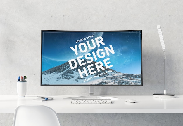 Gebogen monitor op witte Desktop Interior Mockup