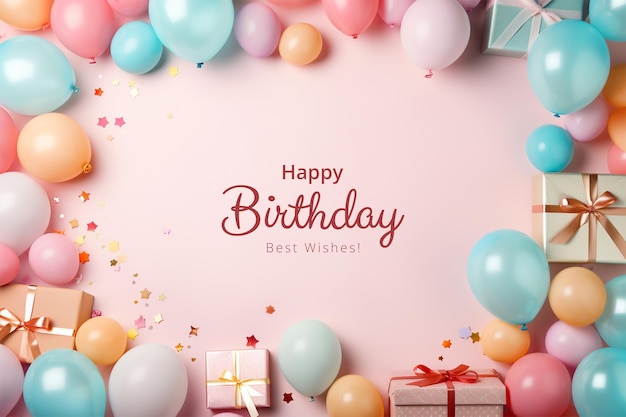 Geboortedag achtergrond met ballonnen en geschenken