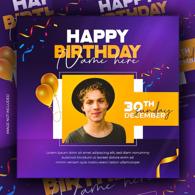 Geboortedag wensen sjabloon gelukkige viering sociale media post ontwerp ballon confetti en fotoram