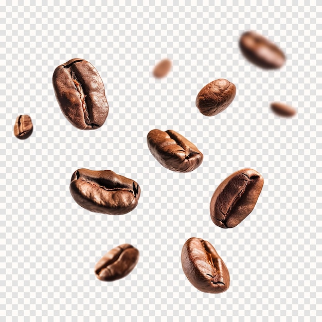 Gebraden koffiebonen drijven, vliegen, geïsoleerd op een doorzichtige achtergrond.
